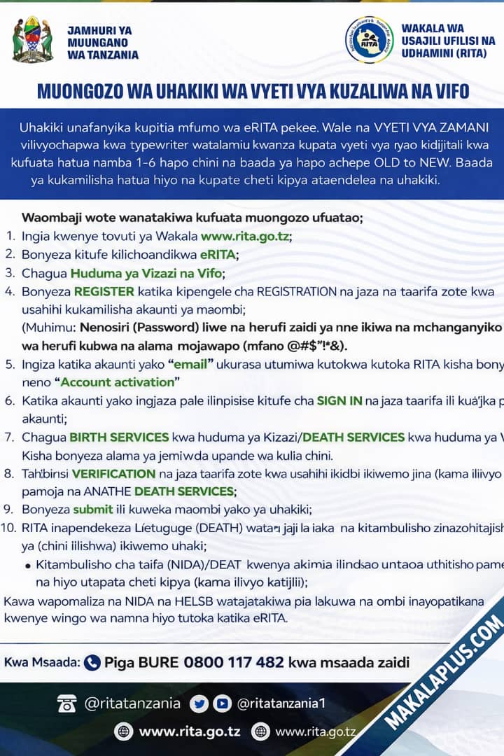 Jinsi ya kuhakiki Cheti cha Kuzaliwa na Kifo RITA Mfumo wa eRITA
