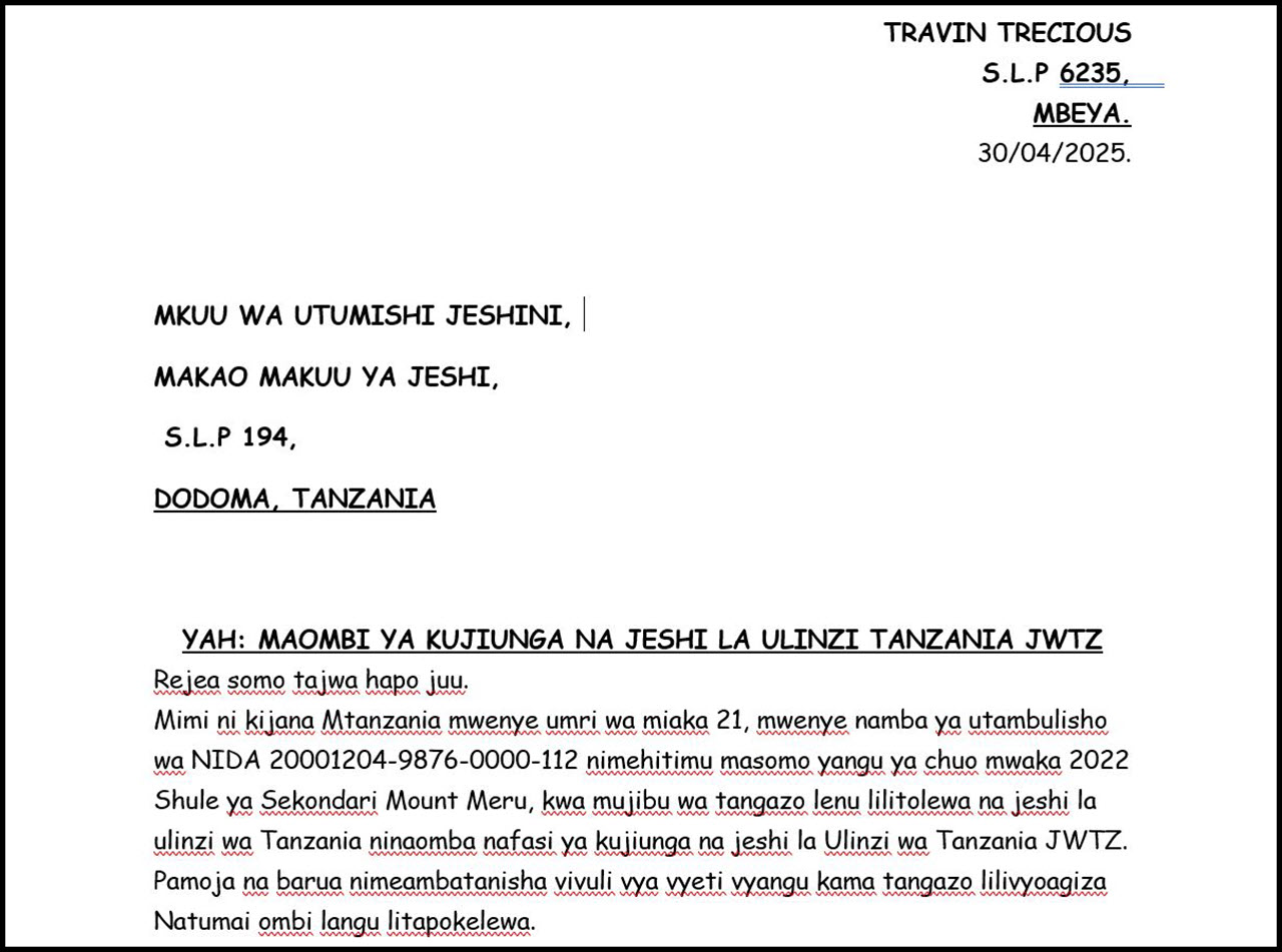 Mfano wa barua ya kujiunga na jwtz