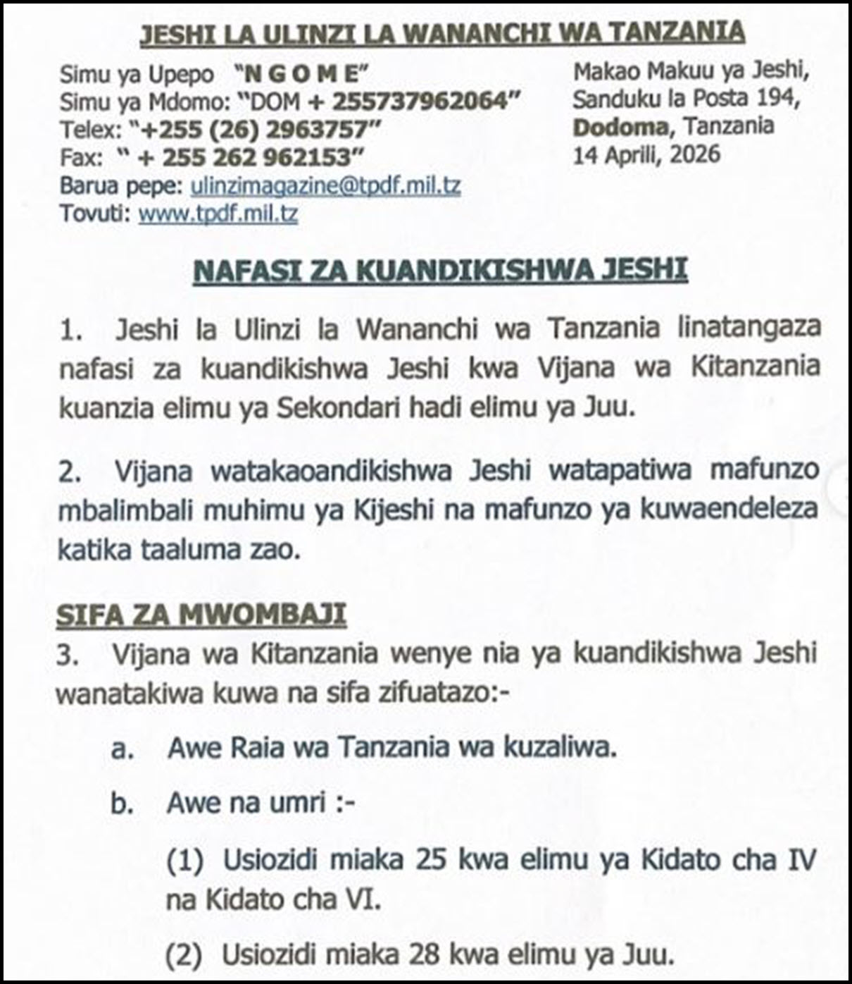 Mwisho wa kutuma maombi jwtz 2026